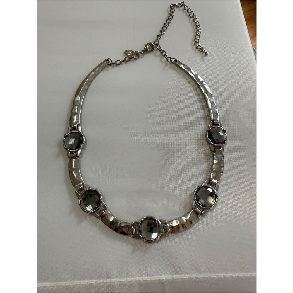 Cookie Lee Vintage Hammered Silvertone & Faceted Crystals Necklace